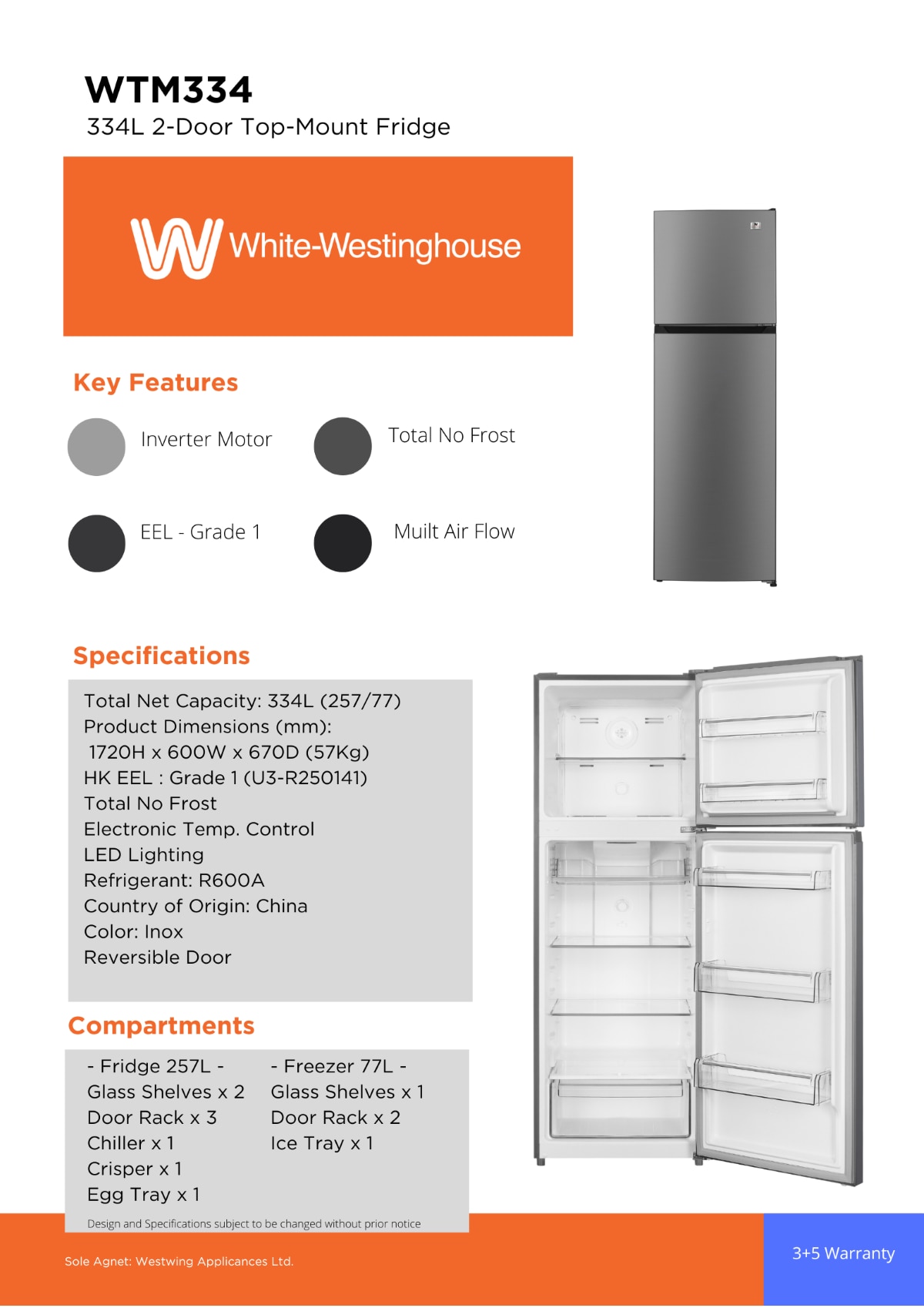 WHITE WESTINGHOUSE WTC334 2 doors Refrigerator Fridge